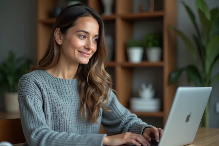 Femme accédant à un site de streaming depuis son ordinateur portable dans un bureau à domicile moderne