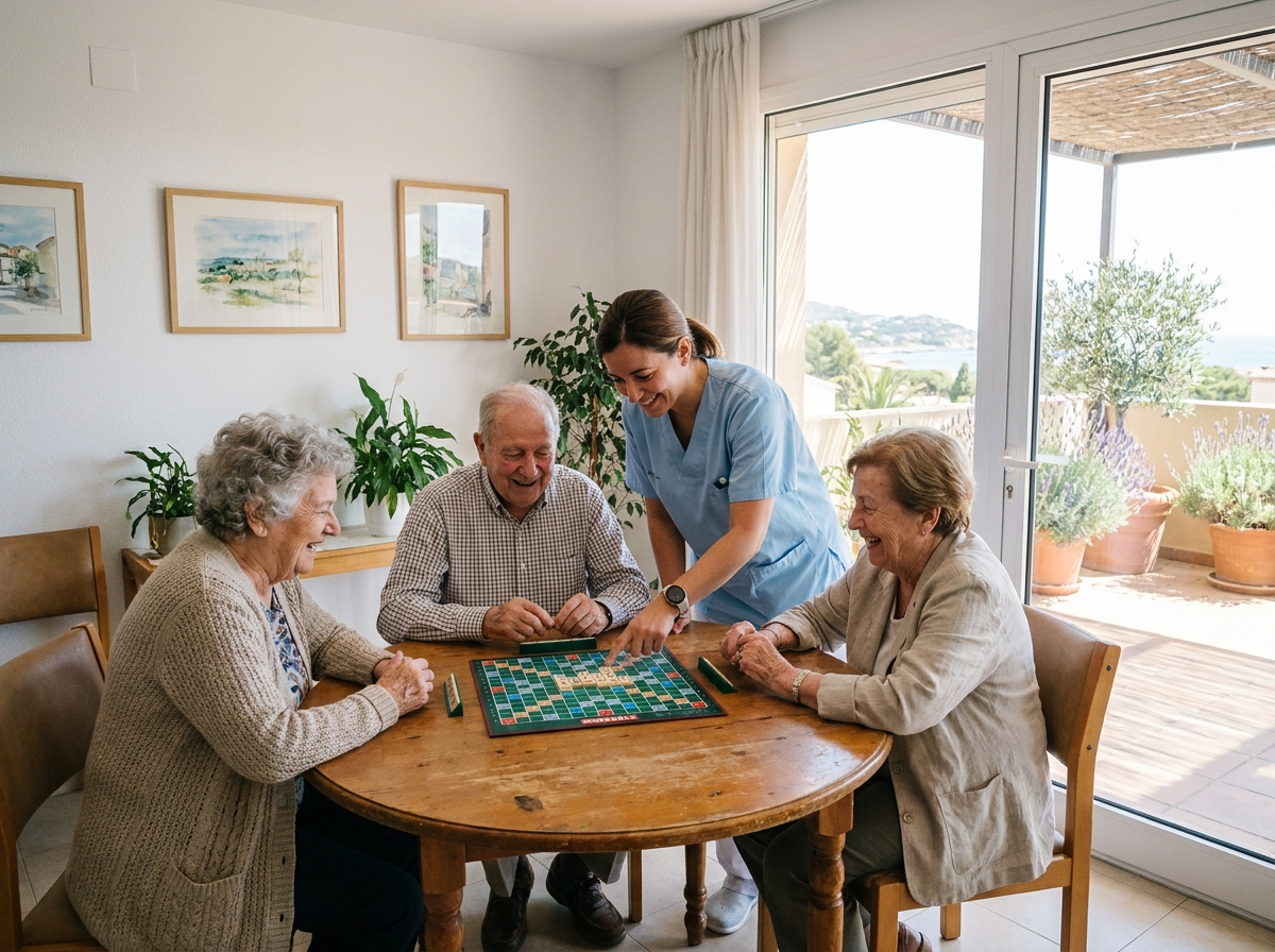 Résidents d'une maison de retraite jouant à un jeu de société avec une soignante dans une salle commune ensoleillée à Cagnes-sur-Mer