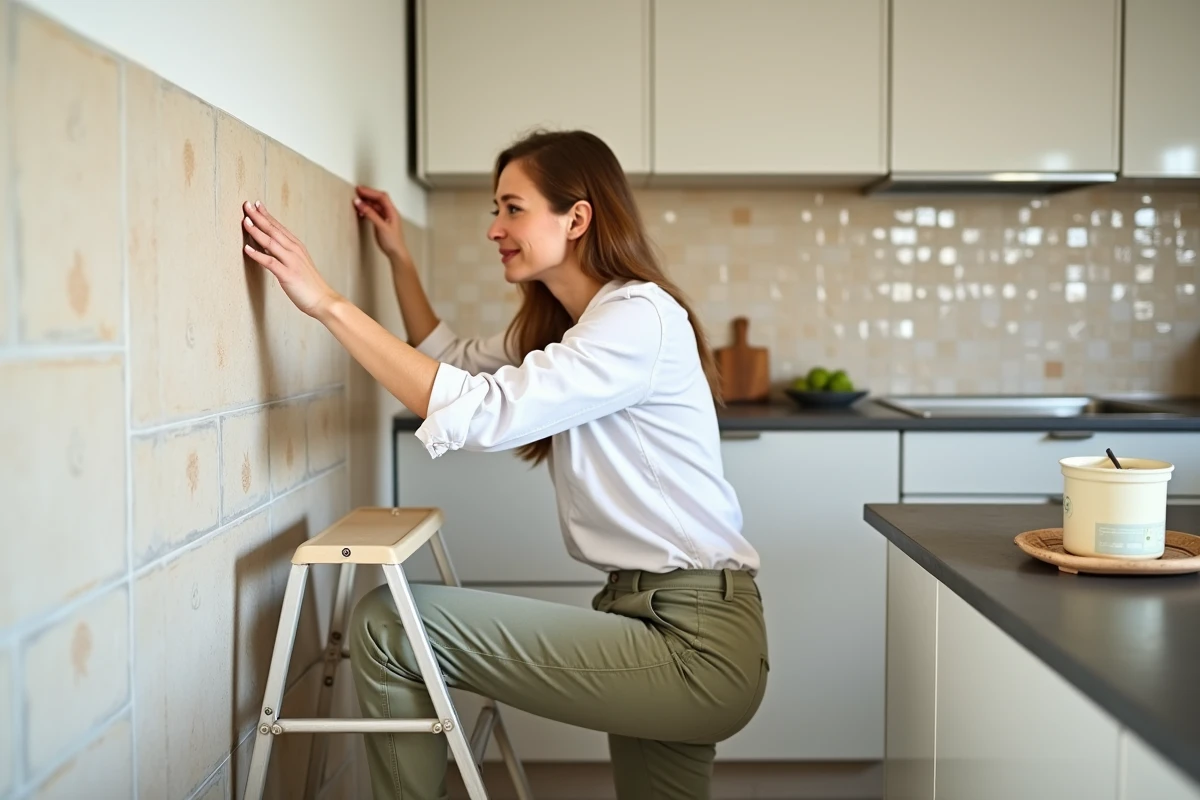Femme appliquant une toile de verre sur un carrelage mural de cuisine avec une brosse à enduire