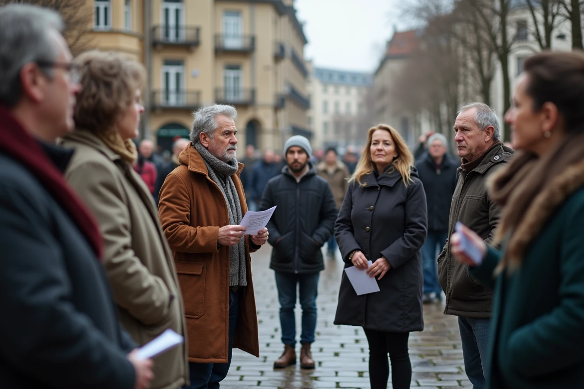 Assemblée informelle de citoyens tenant des brochures dans une place publique urbaine, évoquant un débat politique collectif et une transformation sociale