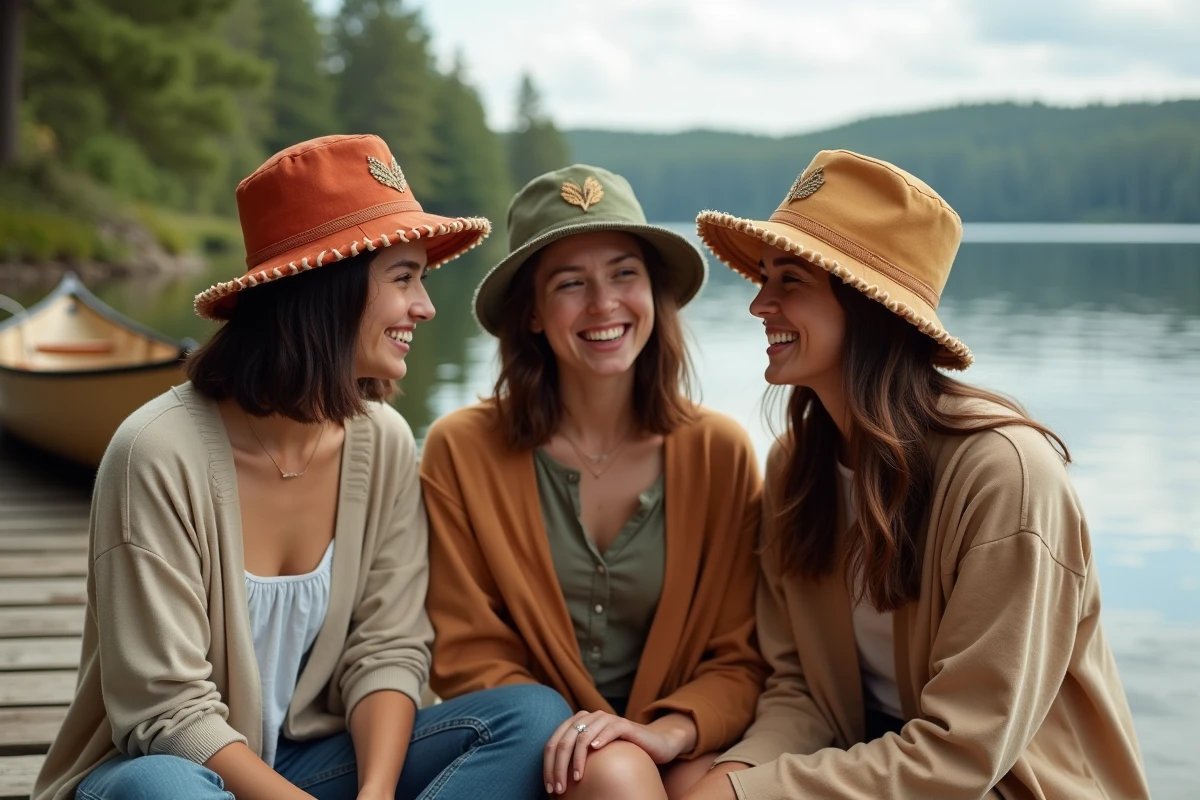 Groupe d'amis portant des bobs Ricard personnalisés assortis en tons terreux sur un ponton au bord d'un lac, tendance personnalisation 2026