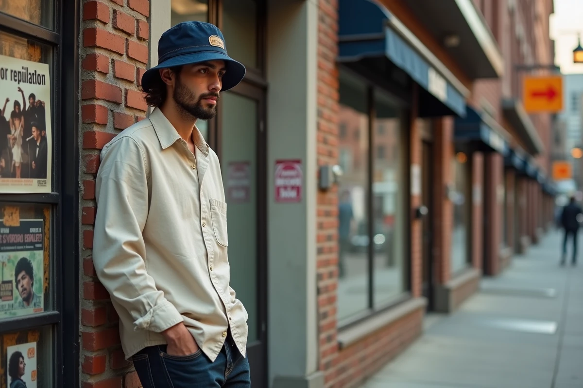 Jeune homme portant un bob Ricard personnalisé bleu marine avec patch brodé devant une boutique de disques vintage, style urbain 2026