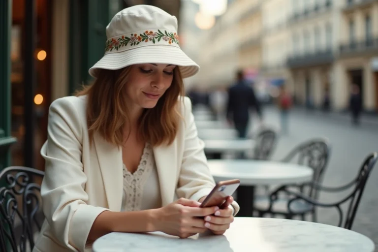 Femme portant un bob Ricard personnalisé brodé en coton écru dans un café parisien en terrasse, tendance 2026
