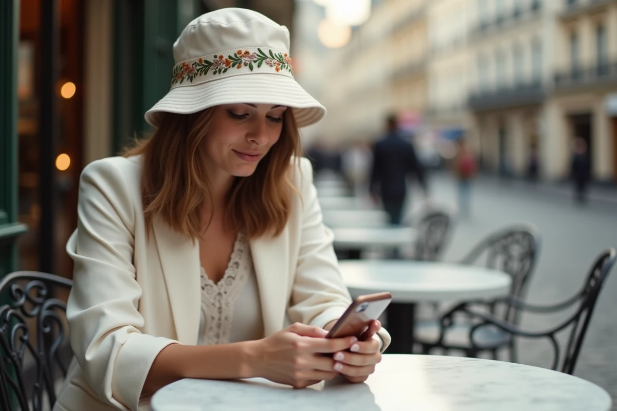 Femme portant un bob Ricard personnalisé brodé en coton écru dans un café parisien en terrasse, tendance 2026