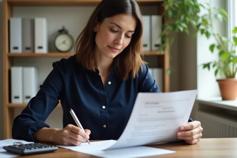 Femme calculant la caution d'un logement social avec des documents de bail et une calculatrice sur un bureau en bois