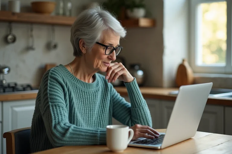 Femme senior commandant sur le site Damart depuis son ordinateur portable dans une cuisine française