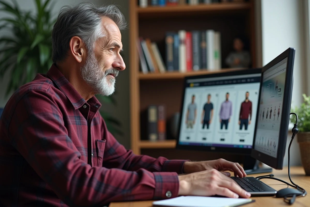 Homme retraité passant une commande en ligne sur Damart depuis un bureau à domicile