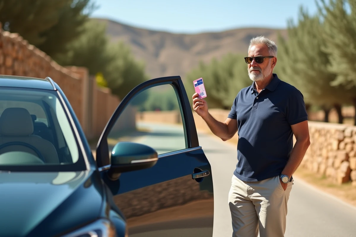 Homme comparant un permis rose français et un permis européen moderne au bord d'une route en Europe du Sud