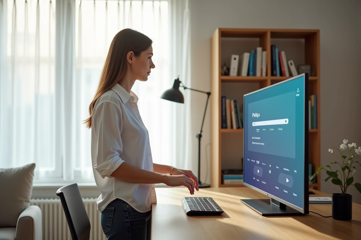 Femme configurant une application IPTV sur un téléviseur Philips Smart TV dans un bureau à domicile