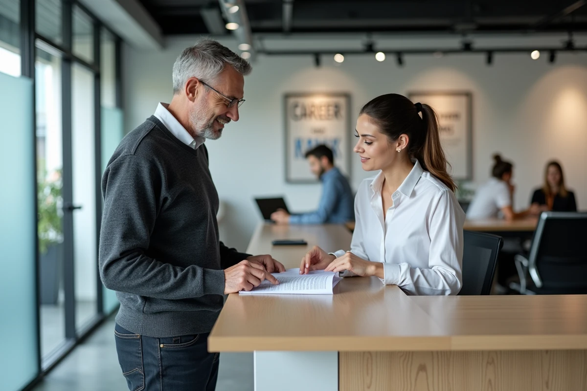 Homme en reconversion professionnelle discutant d'une formation éligible au CSP avec un conseiller dans un centre d'accompagnement