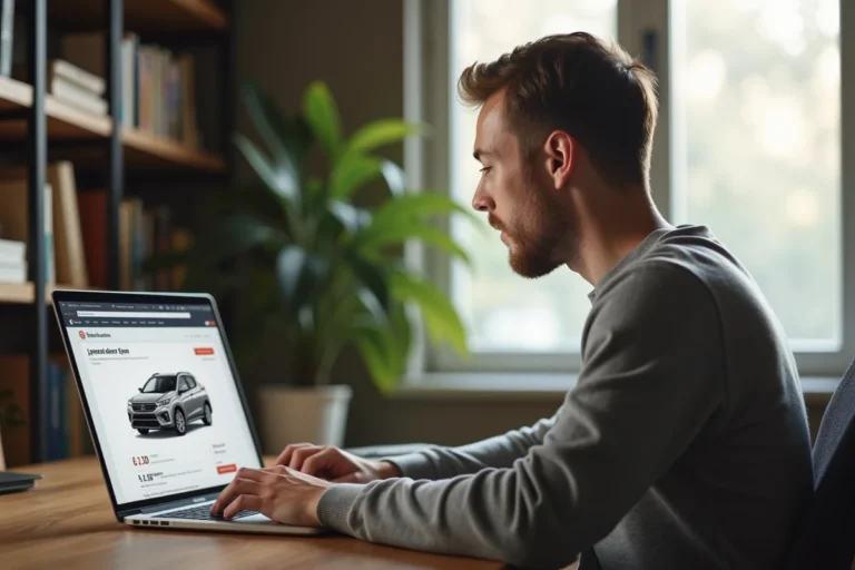 Homme consultant la cote Argus de sa voiture en ligne sur un ordinateur portable dans un bureau à domicile