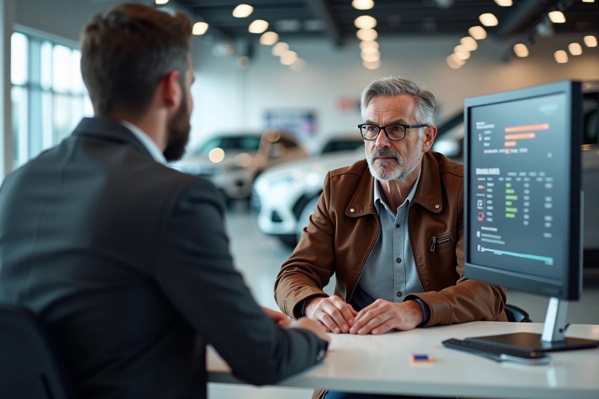 Client et conseiller automobile consultant la cote Argus en ligne sur un écran dans une concession automobile