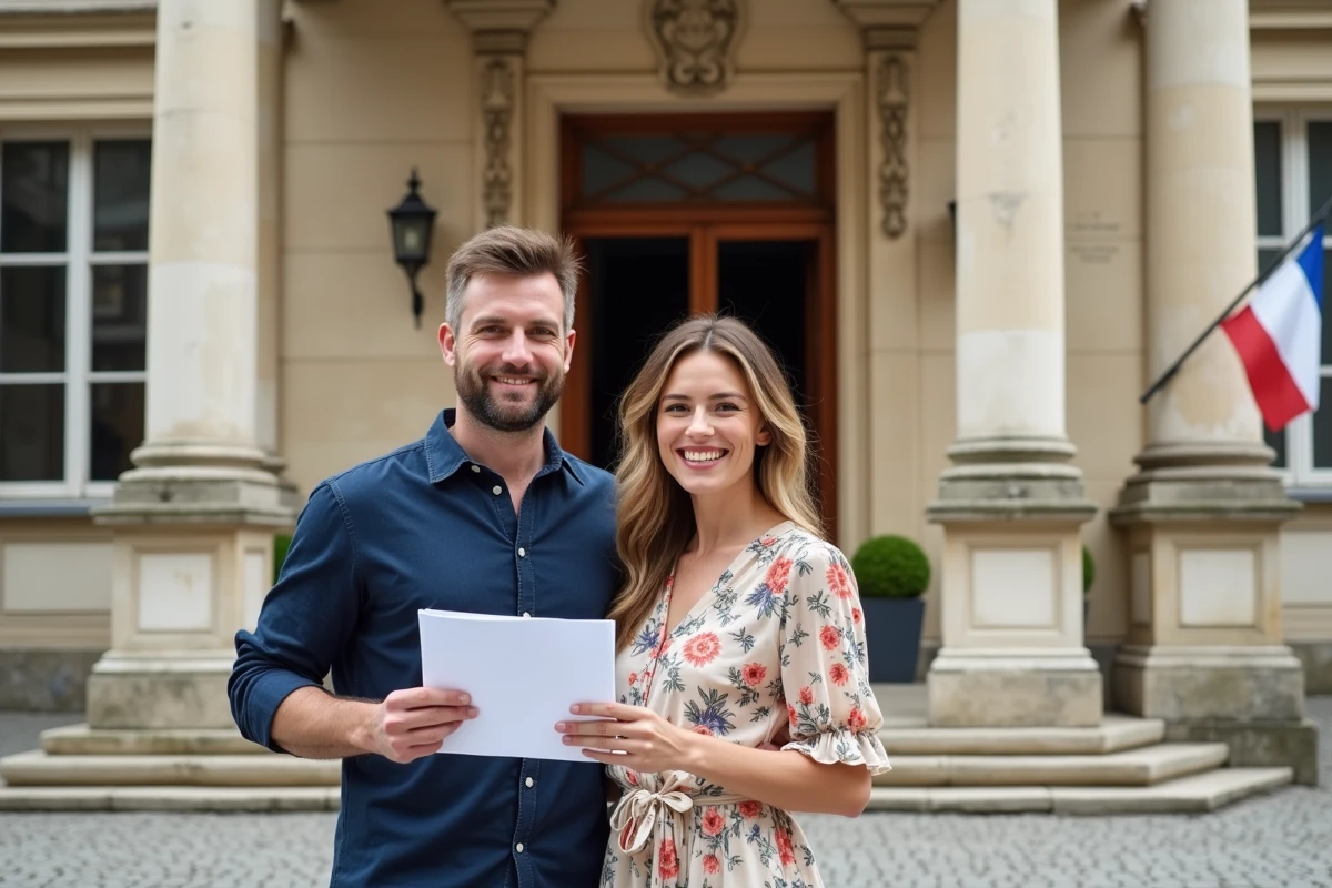 Couple souriant devant la façade d'une mairie française après avoir officialisé la réservation de leur mariage
