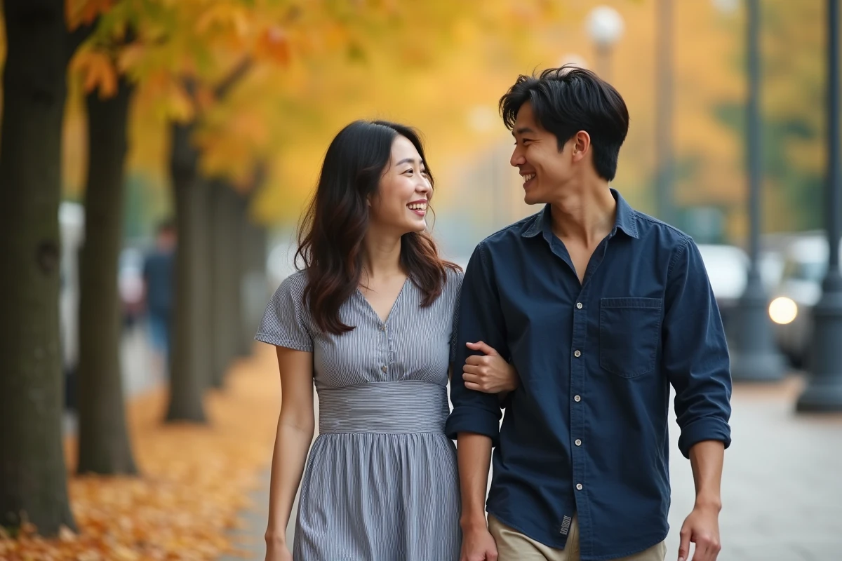 Couple souriant se promenant sur une allée bordée d'arbres en automne, évoquant la complicité et la vie de couple d'une sportive célèbre