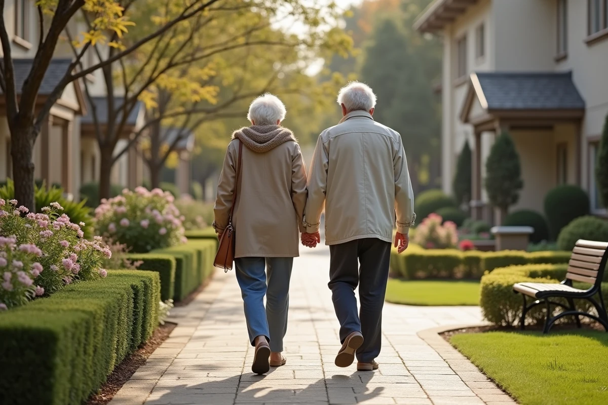 Couple senior marchant main dans la main dans un jardin accueillant
