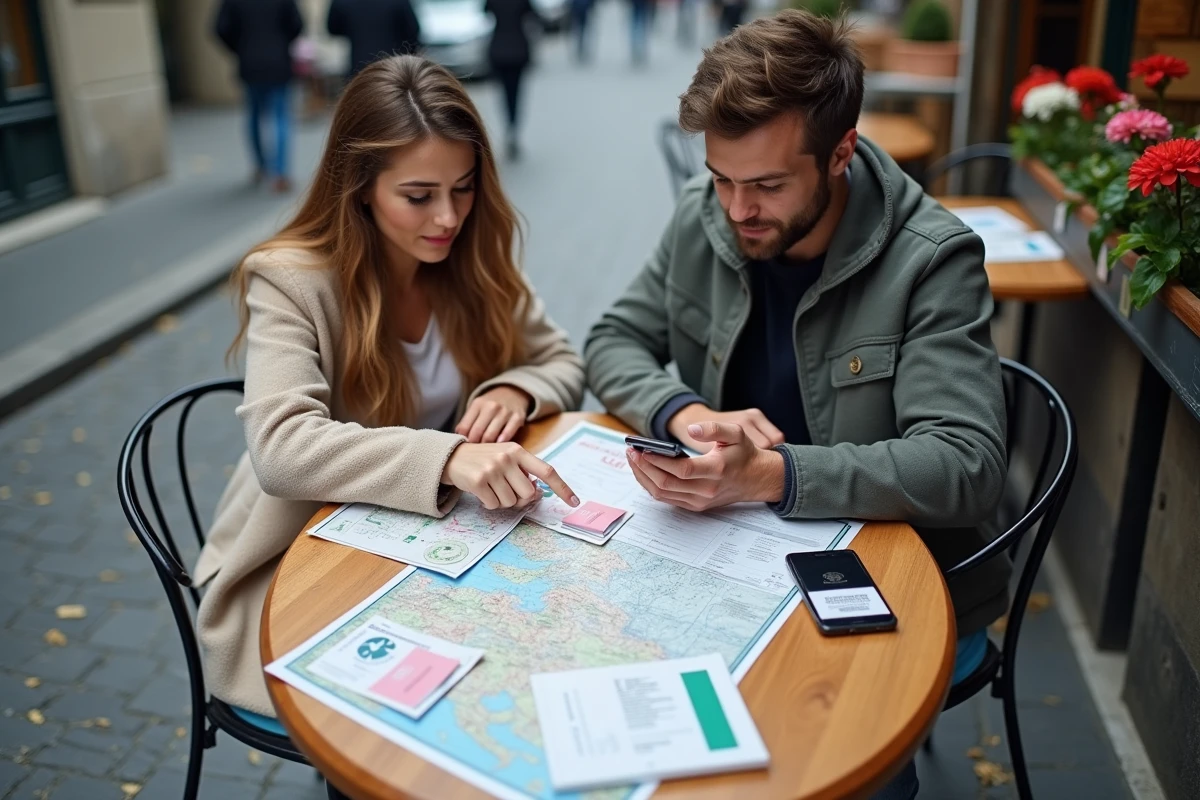 Couple vérifiant la validité d'un permis rose français avant un road trip à l'étranger dans un café en ville