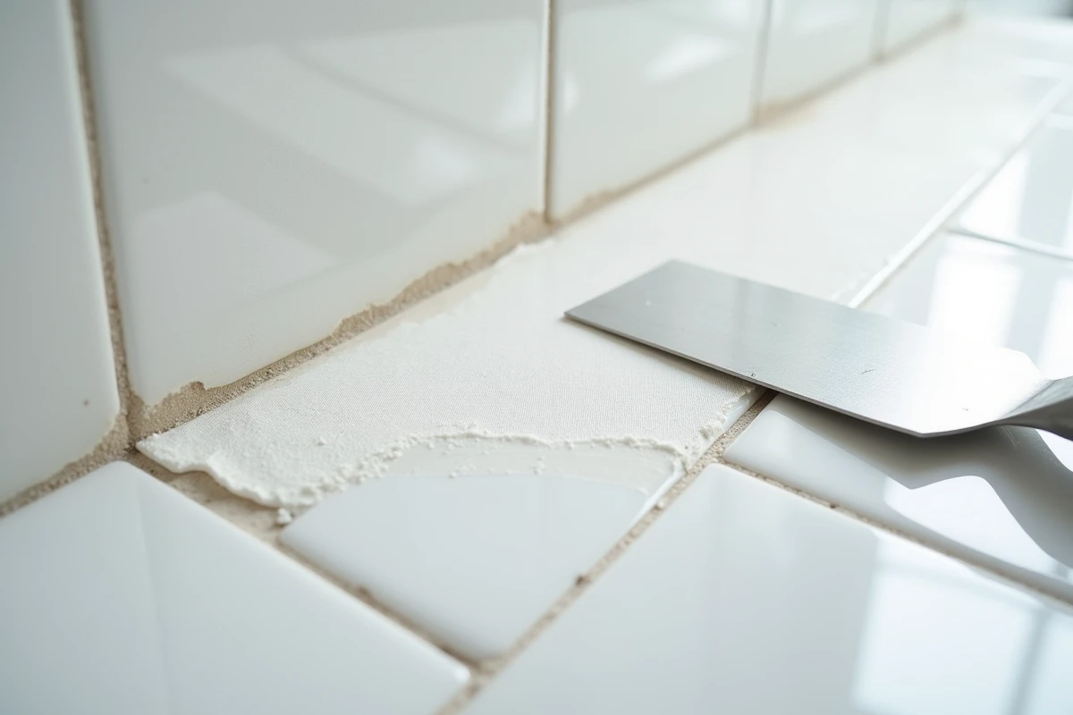 Gros plan sur une toile de verre collée sur des carreaux de faïence avec une truelle et de la colle blanche