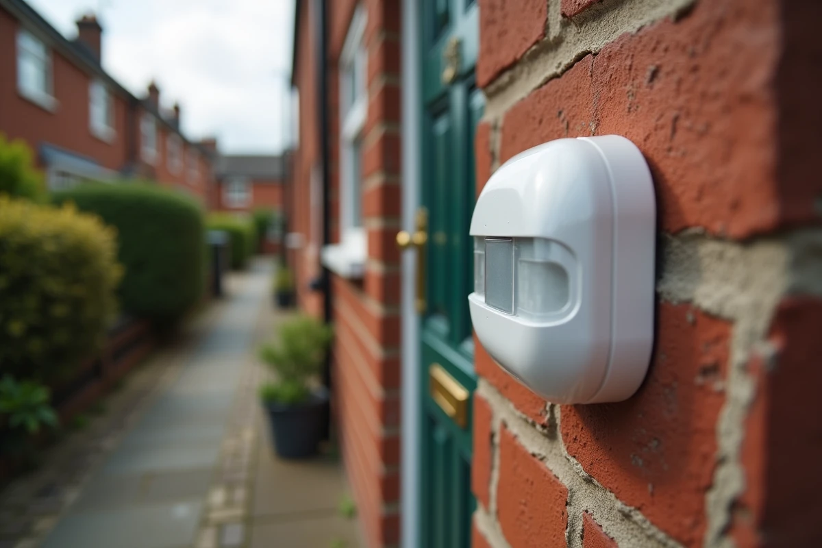 Gros plan sur un détecteur d'alarme Verisure et un module de communication redondant installés sur le cadre d'une porte d'entrée pour renforcer la sécurité contre le brouillage