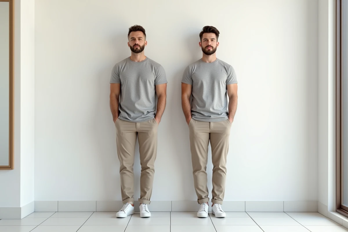 Deux hommes portant respectivement un t-shirt taille M et taille L pour illustrer les différences de coupe et d'ajustement