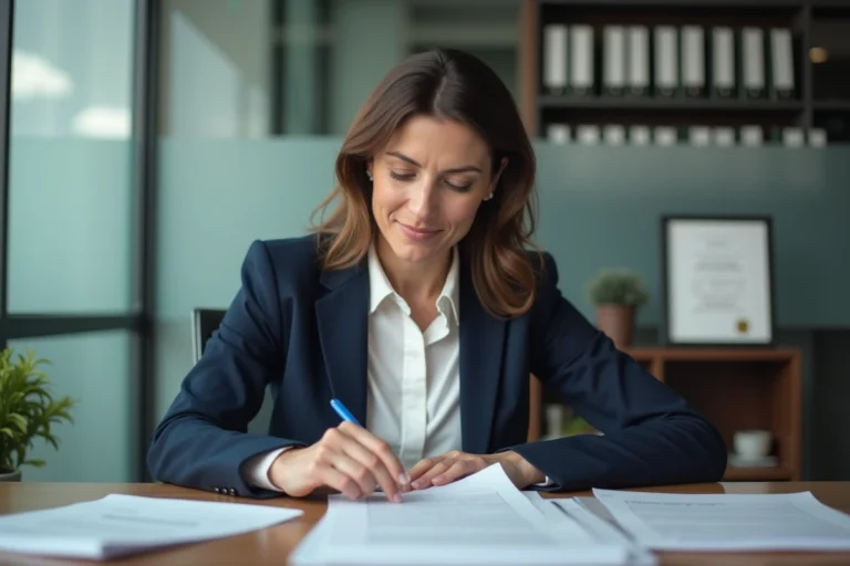 Directrice de SPA en réunion administrative, examinant des documents de salaire et de gestion dans un bureau professionnel