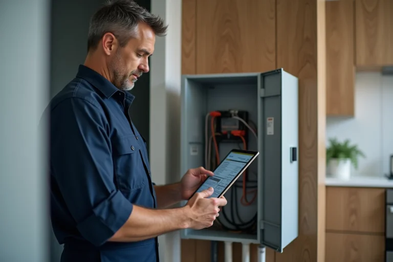 Électricien homme examinant une tablette dans une maison moderne