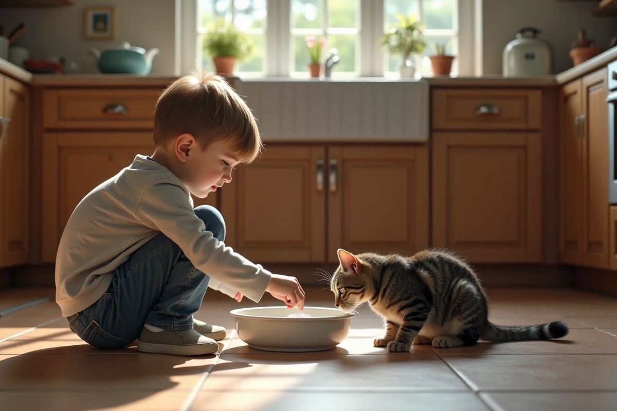 Enfant donnant à boire à un chat dans la cuisine