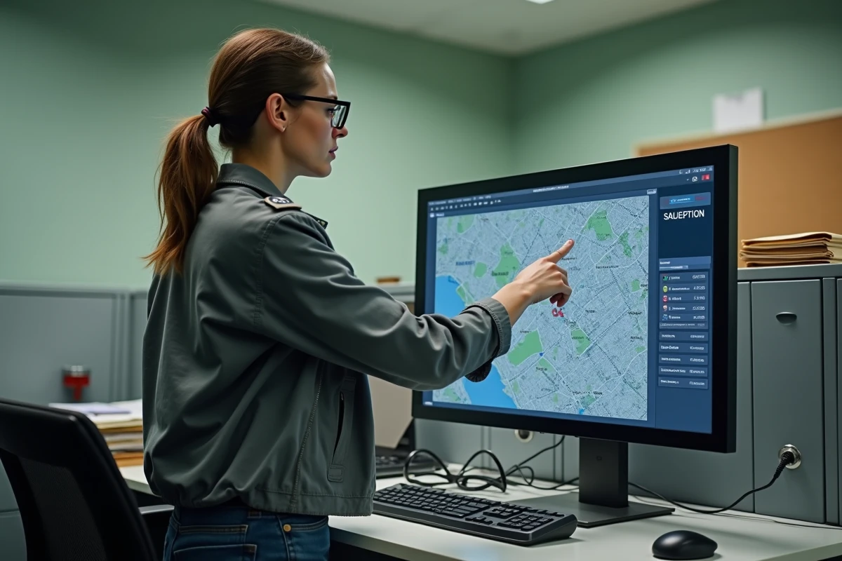 Enquêtrice de la police judiciaire analysant l'historique de localisation d'un véhicule sur un logiciel de géolocalisation