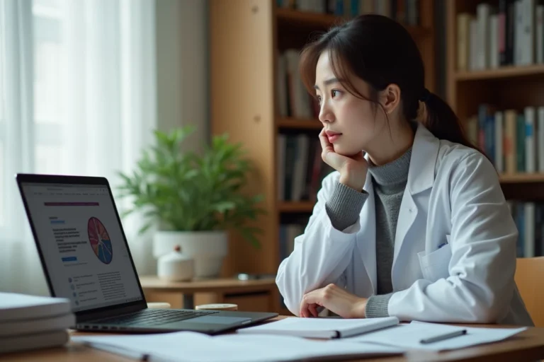 Étudiante en médecine réfléchissant à une réorientation professionnelle devant son ordinateur portable entouré de livres médicaux