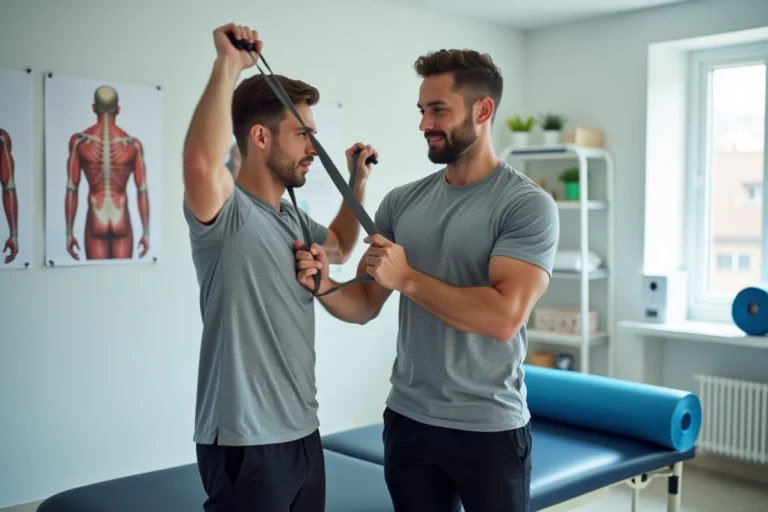 Kinésithérapeute guidant un patient dans un exercice de rééducation du supra-épineux avec élastique dans une clinique de physiothérapie moderne