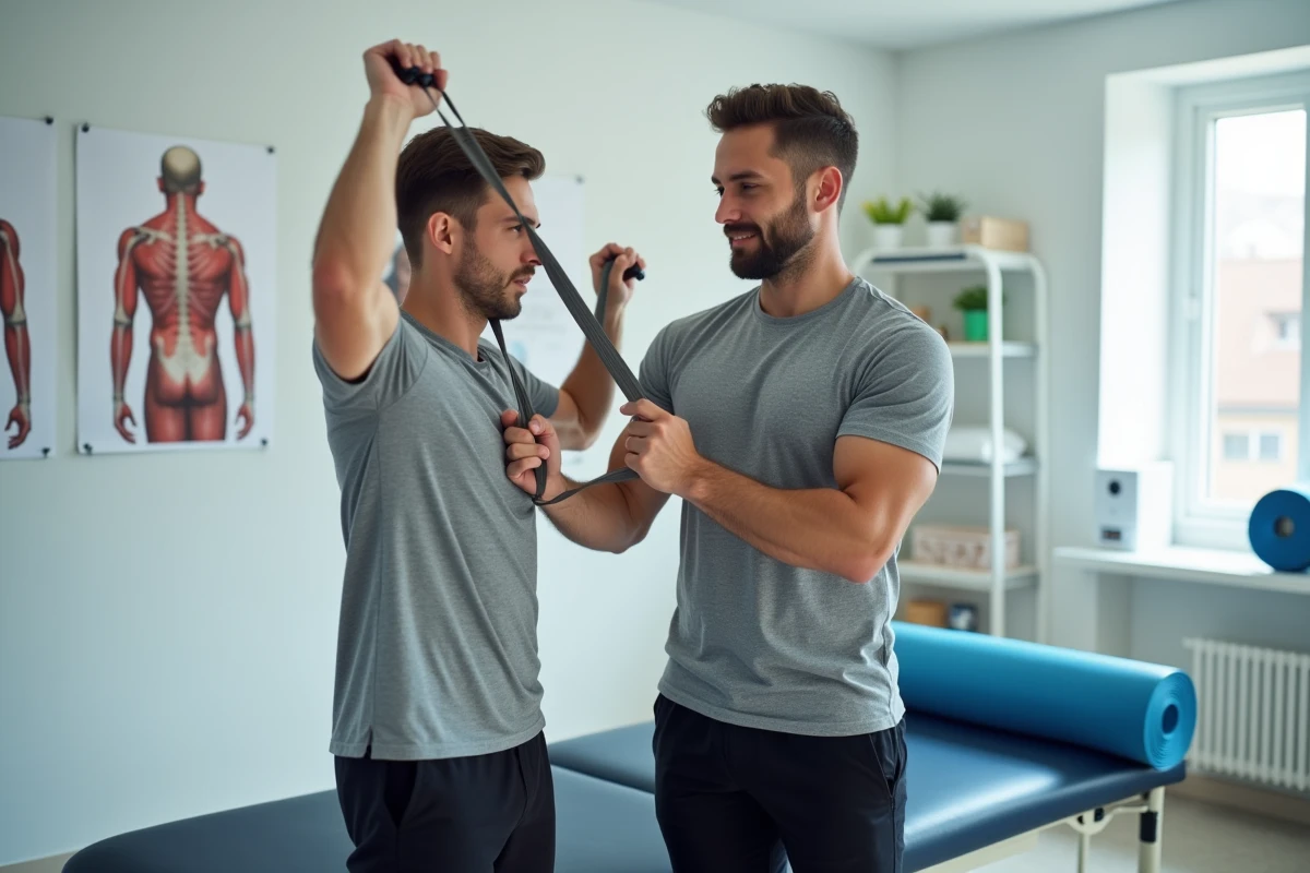 Kinésithérapeute guidant un patient dans un exercice de rééducation du supra-épineux avec élastique dans une clinique de physiothérapie moderne
