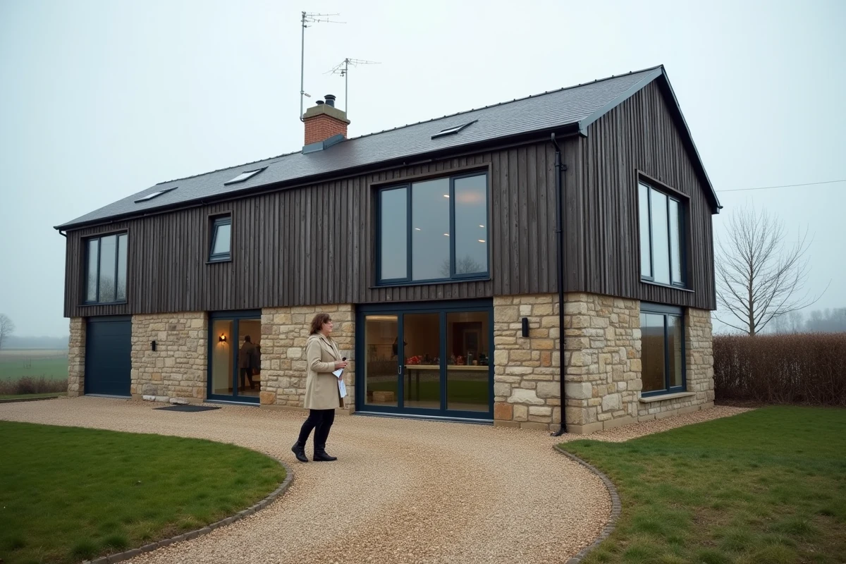 Façade extérieure d'un bâtiment agricole converti en maison contemporaine avec pierre et bardage bois sombre