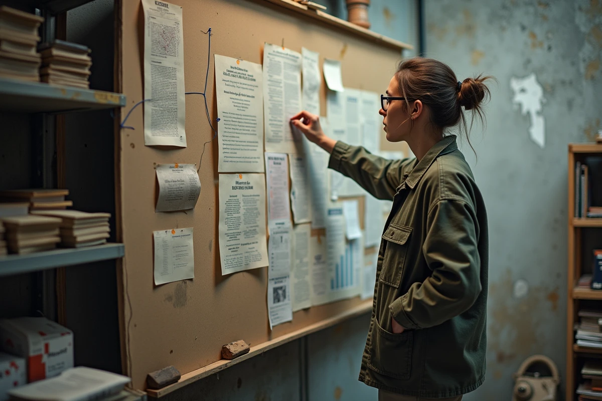Femme étudiant un mur recouvert de textes et de cartes conceptuelles dans un atelier militant urbain dédié à la pensée radicale
