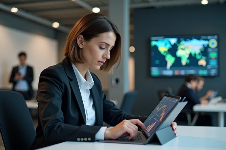 Femme d'affaires analysant des données sur une tablette