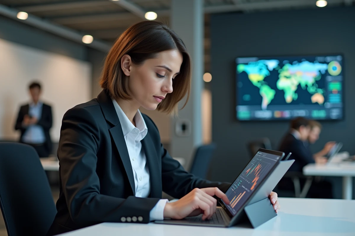 Femme d'affaires analysant des données sur une tablette