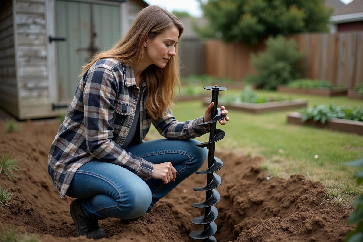 Femme en jeans et chemise à carreaux préparant une foreuse thermique