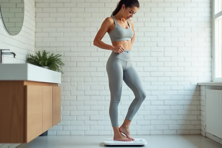Femme mesurant son poids idéal sur une balance numérique moderne dans une salle de bain épurée