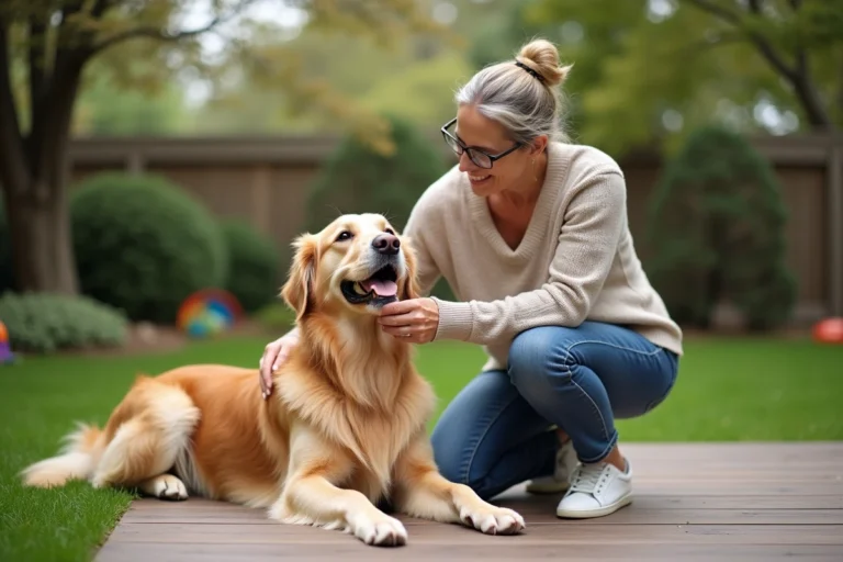 Femme caressant un golden retriever dans un jardin