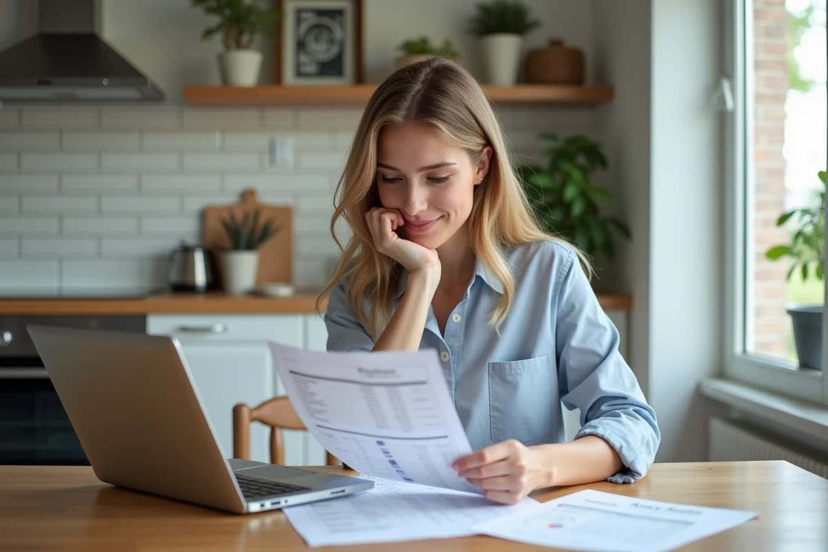 Jeune femme vérifiant des calculs électriques à la maison