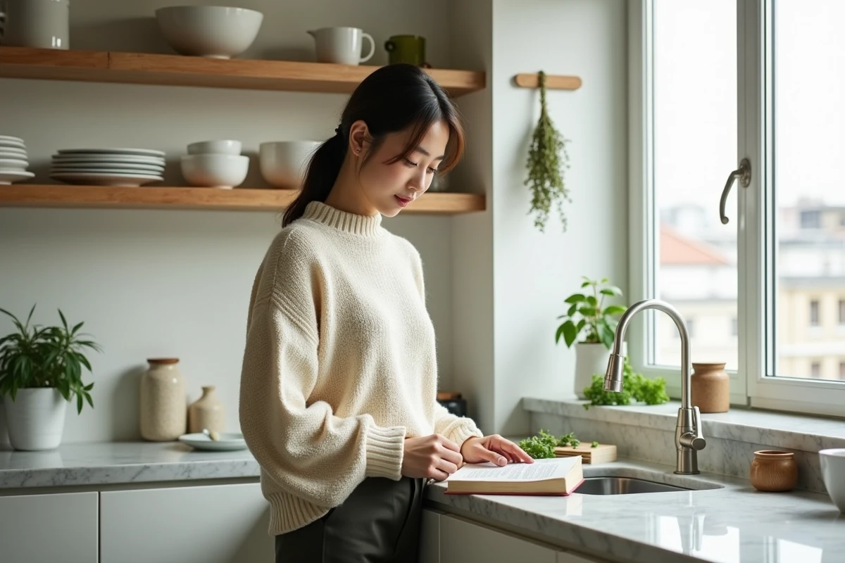 Jeune femme d'origine japonaise dans une cuisine moderne lumineuse, illustrant l'intimité domestique et la vie quotidienne d'une athlète célèbre