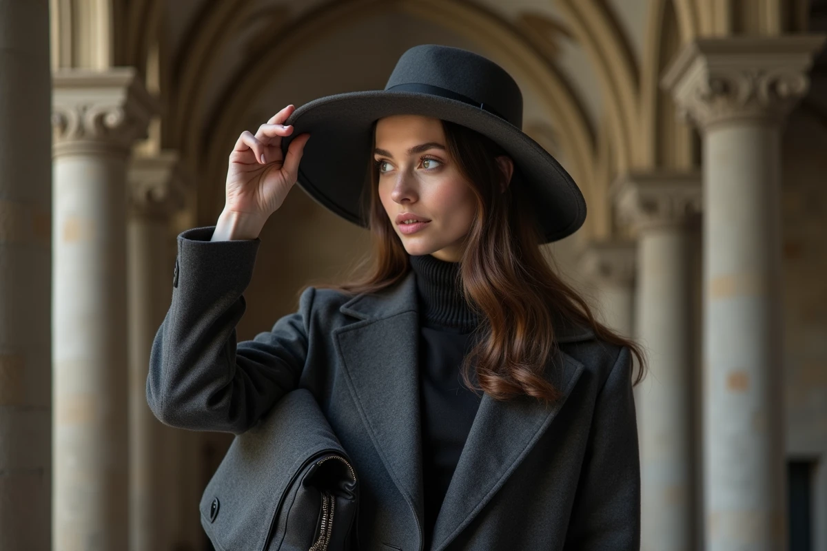 Femme tenant son chapeau à la main après l'avoir retiré respectueusement à l'intérieur d'une église historique