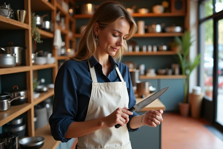 Femme examinant un couteau de chef en acier inoxydable dans un magasin d'ustensiles de cuisine bien approvisionné