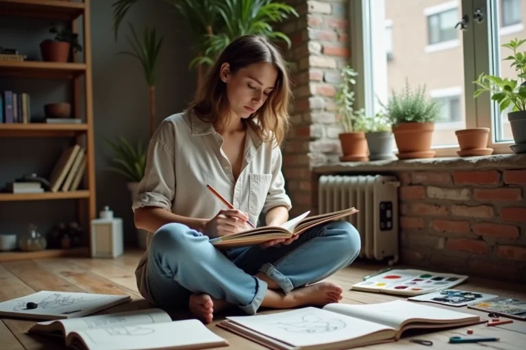 Femme créative assise sur un plancher en bois entourée de carnets de croquis et de plantes dans un atelier cosy