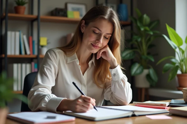 Femme créative esquissant dans son bureau cosy