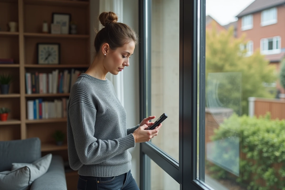 Femme utilisant un détecteur de signal sans fil dans son salon pour identifier des tentatives de brouillage sur son système d'alarme