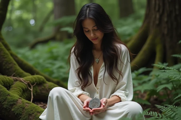 Femme méditant dans la forêt avec amulette ancienne