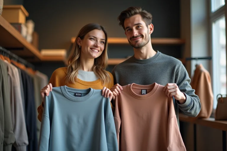 Deux personnes examinent des sweatshirts en magasin de mode