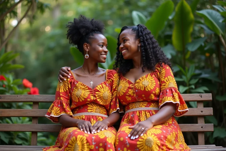 Femme malgache en robe traditionnelle dans un jardin tropical