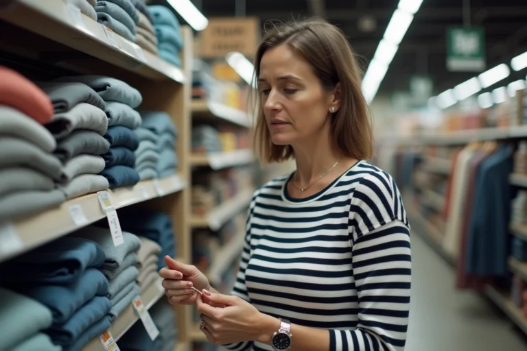 Femme en marinière Armor Lux rayée bleu et blanc faisant ses courses dans le rayon vêtements d'un supermarché Intermarché