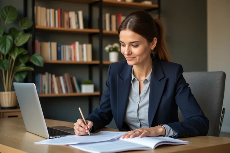 Femme en reconversion professionnelle consultant des catalogues de formation éligibles au CSP à son bureau à domicile