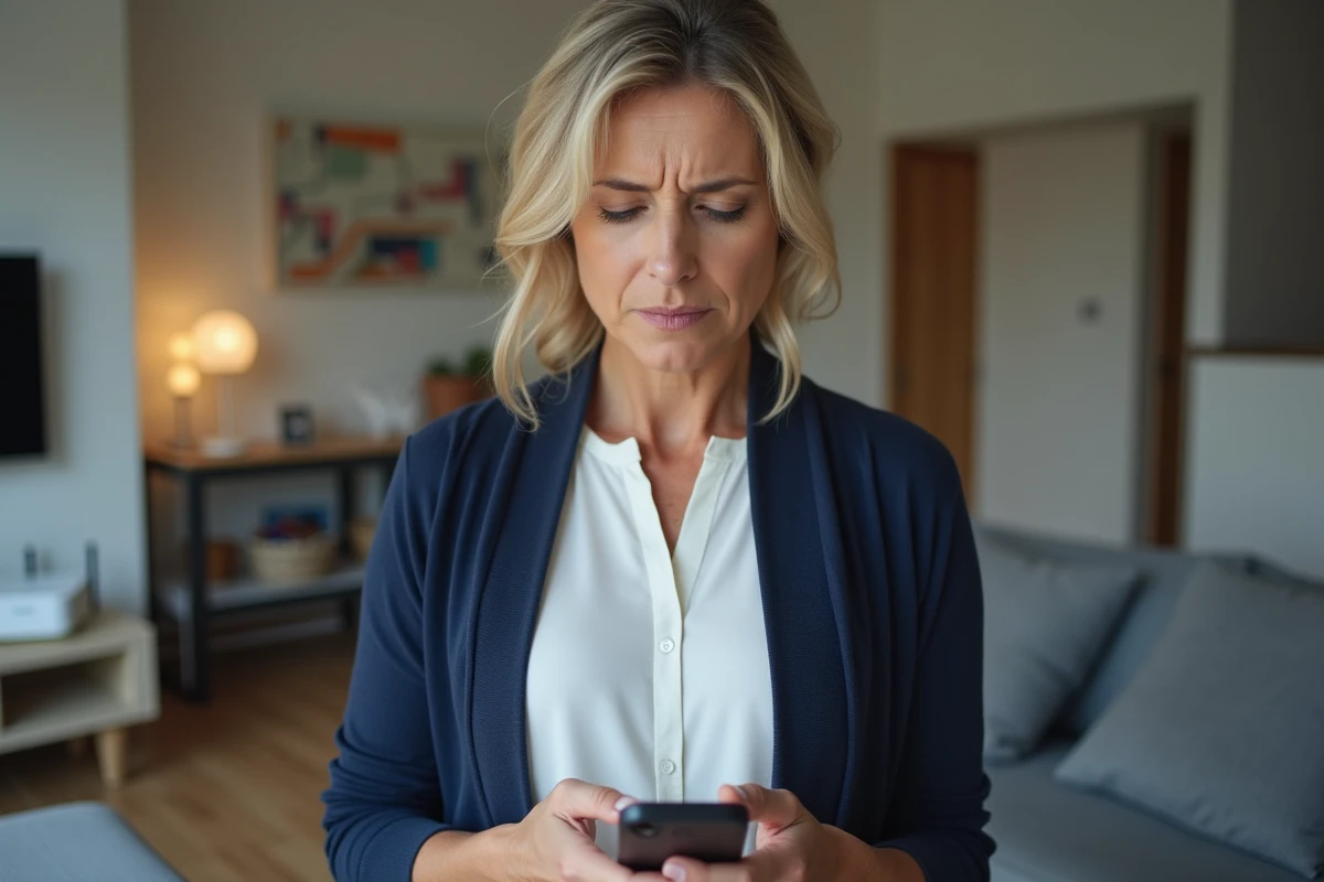 Femme tenant un smartphone affichant un écran de réinitialisation de mot de passe Freebox dans son salon